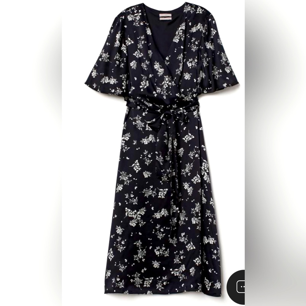 Silk faux-wrap black floral dress